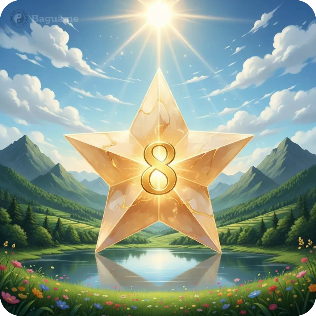 Estrella dorada con el número 8 brillando sobre un lago sereno, montañas verdes y flores silvestres bajo un cielo soleado; simboliza la prosperidad y el feng shui de las Estrellas Voladoras.