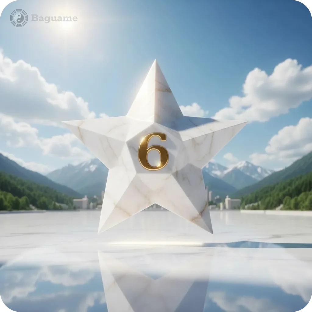 Uma estrela de mármore branco reluzente com o número dourado 6, flutuando sobre uma superfície reflexiva, contra um céu azul vibrante e montanhas majestosas, simbolizando uma Estrela Voadora no feng shui.