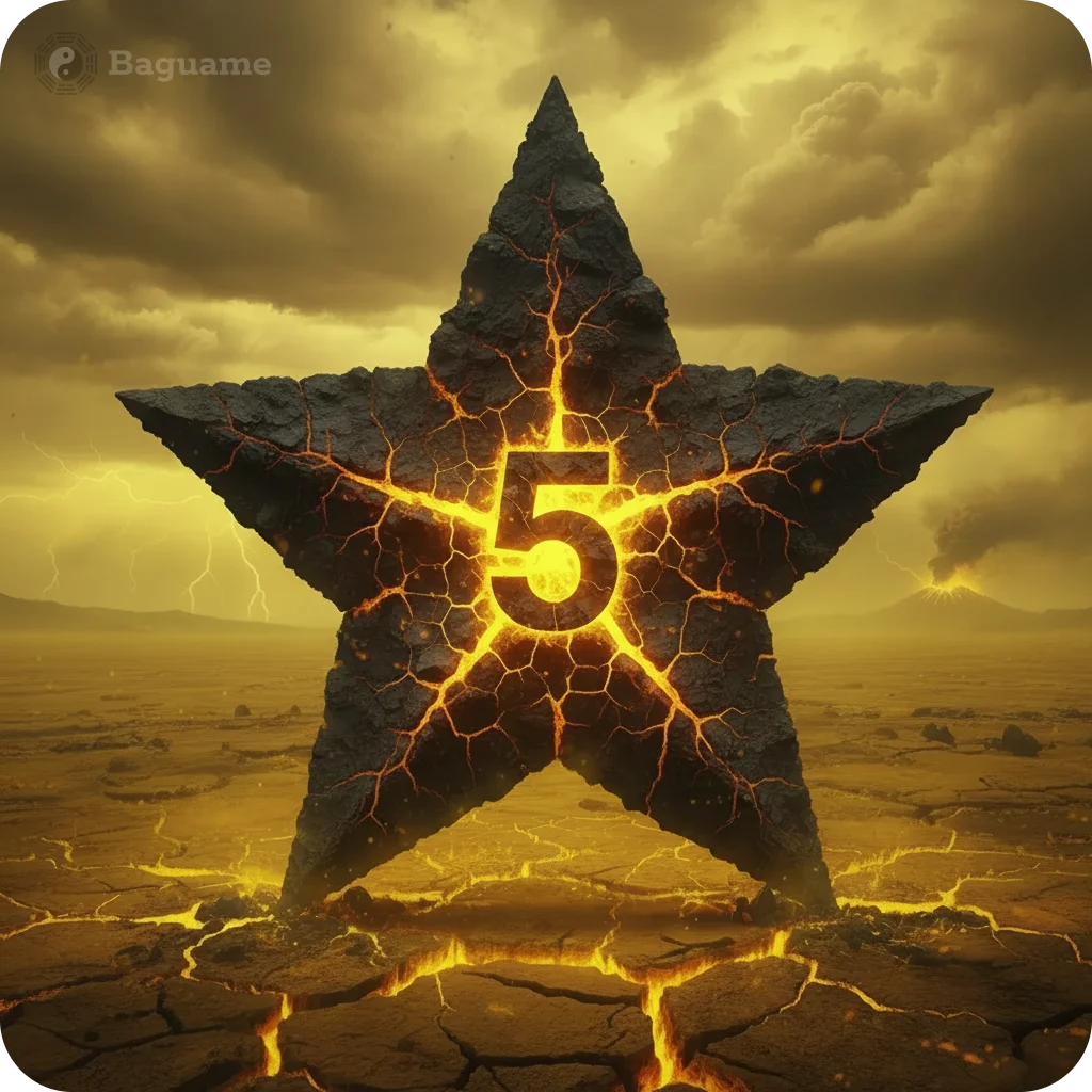 Розтріскана чорна зірка з сяючим оранжевим числом 5, бурхливе жовте небо, блискавки та вулкан, символізує складну енергію Летючої зірки 5 Жовтої.