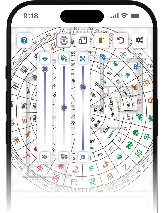 Mobile phone showing a digital Feng Shui Luo Pan compass app with purple sliders, displaying Bagua, five elements, and Chinese characters for home analysis.