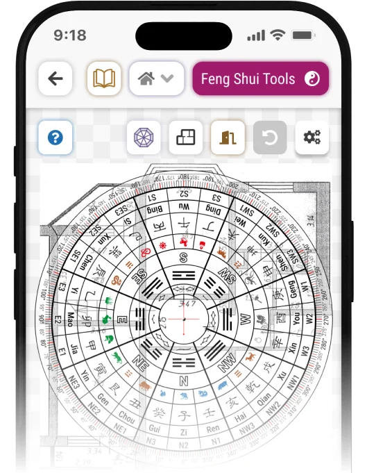Digital Feng Shui Luo Pan compass on a smartphone, displaying Bagua trigrams, directions, and Chinese characters.