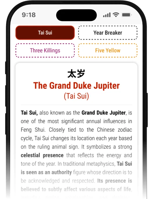 A mobile app screen displaying Feng Shui annual influences like Tai Sui (Grand Duke Jupiter) in red, with options for Year Breaker, Three Killings, and Five Yellow.