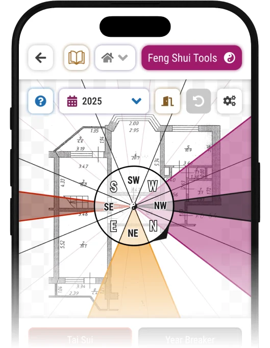 Smartphone displaying a Feng Shui app with a Bagua compass over a floor plan, showing red, orange, purple zones for 2025 Tai Sui and Year Breaker.