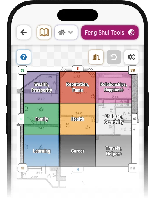 Mobile phone with a colorful Feng Shui Bagua map over a floor plan, showing areas like Wealth, Health, and Relationships.
