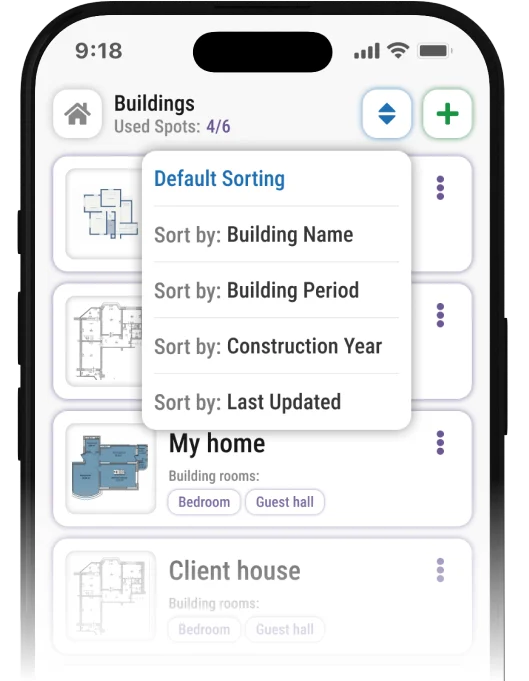 White mobile app screen showing blue and gray floor plans with a sorting menu. Organize building layouts for Feng Shui analysis.