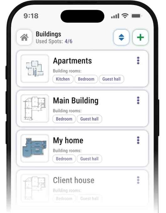 White mobile app showing floor plans for different buildings like My home, listing rooms for Feng Shui layout analysis and space planning.