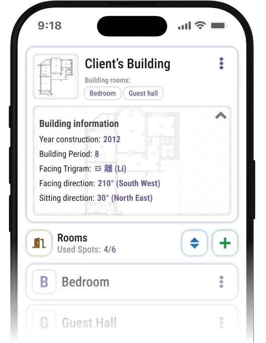 Mobile app displaying Feng Shui building analysis, floor plan, Li trigram, South West facing, North East sitting directions, and room list.