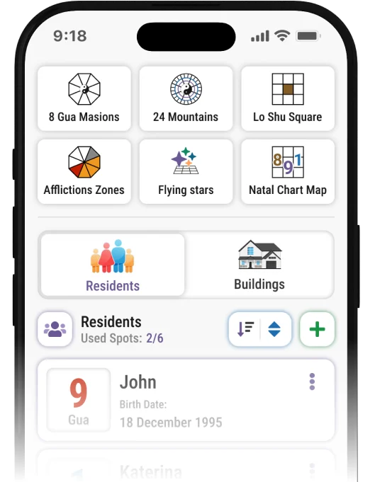 Mobile app screen displaying Feng Shui tools: 8 Gua Mansions, Lo Shu Square, Flying Stars, Natal Chart, and resident profiles for personalized chi analysis.