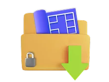 Yellow folder with padlock, green download arrow, and blue document showing a floor plan for professional Feng Shui analysis.