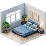 Isometric bedroom with blue bed, white walls, two green plants, and balanced nightstands for good chi.