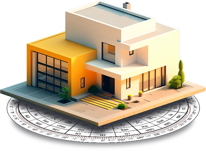 Modern white and yellow house on a detailed Feng Shui Luo Pan compass, showing professional site analysis for optimal chi.