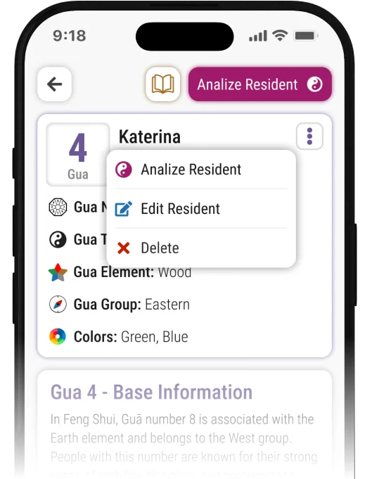 Mobile app displaying Feng Shui Gua 4 for Katerina, showing Wood element, Eastern group, and harmonious green and blue colors.