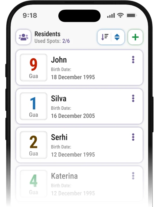 Mobile app displaying Feng Shui Gua numbers for residents: John (9, red/Fire), Silva (1, blue/Water), Serhi (2, brown/Earth), Katerina (4, green/Wood).