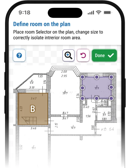 Smartphone app showing a floor plan with a brown room 'B' and a purple room selected, defining spaces for Feng Shui analysis.
