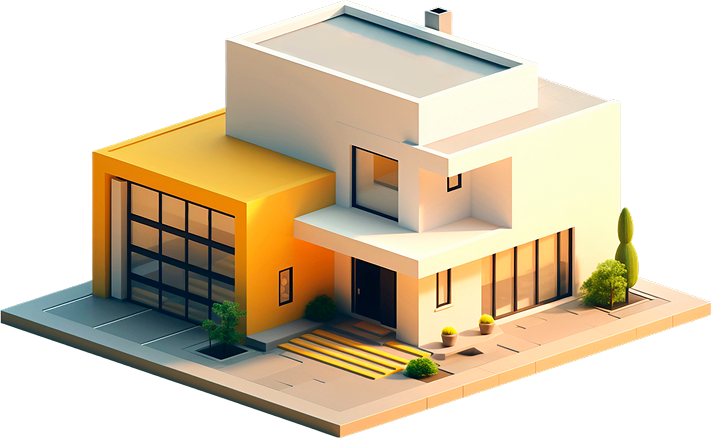Isometric modern house with white and gold blocks, large windows, and lush green plants for positive chi flow.