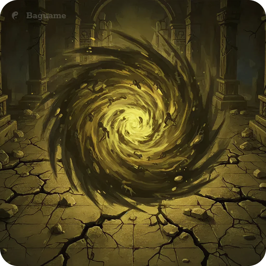 Dark swirling vortex of negative energy pulling figures into a crumbling ancient hall, representing Feng Shui annual afflictions.