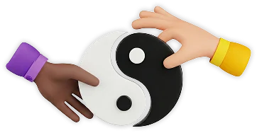 Two diverse hands holding a black and white Yin Yang symbol, representing balanced partnership and Feng Shui harmony.
