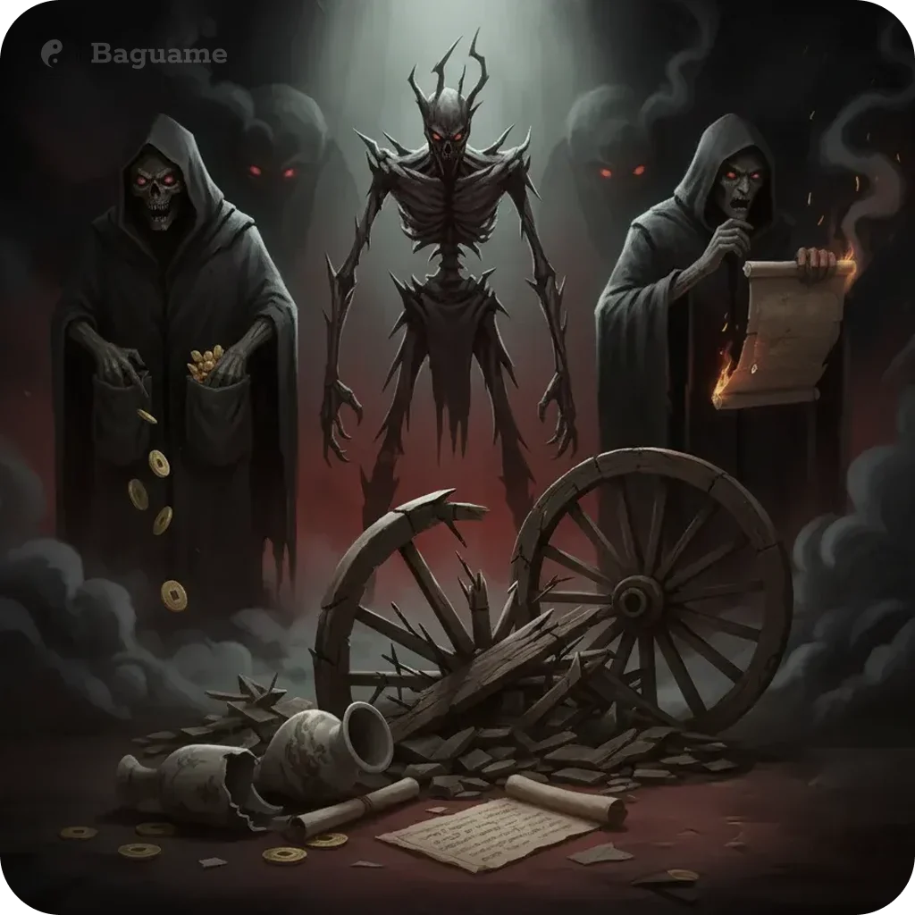 Dark skeletal figures with red eyes, broken wheels, scattered coins, and a burning scroll, symbolizing Feng Shui annual afflictions and misfortune.