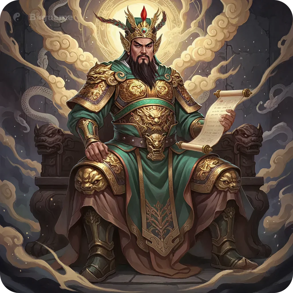 Stern Chinese protective deity in green and gold armor on a dragon throne, holding a scroll, surrounded by golden clouds. Symbolizes Feng Shui protection.