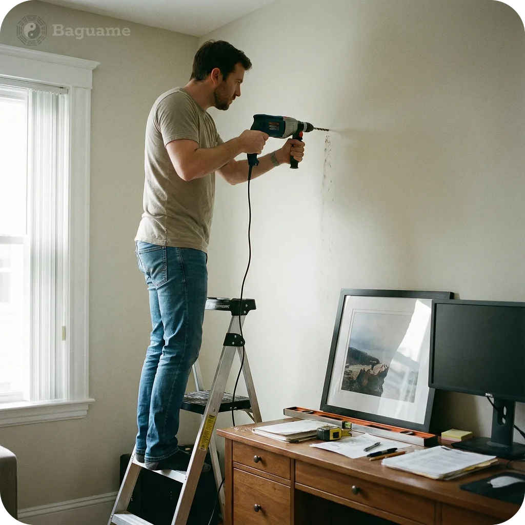 Man drilling into a light wall on a ladder, an activity to avoid in Tai Sui or afflicted Feng Shui sectors