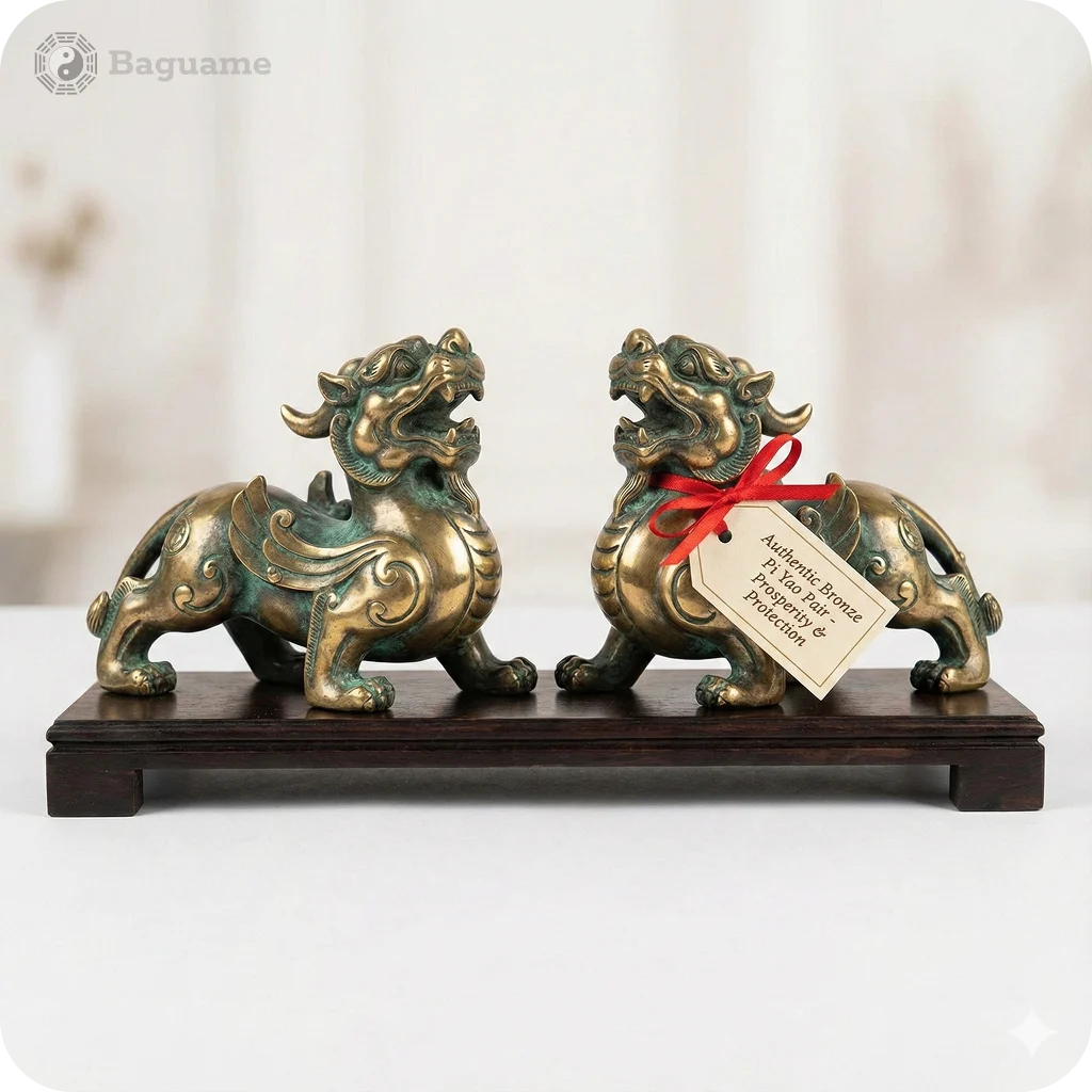 Pair of greenish bronze Pi Yao statues on a dark wood stand, symbolizing Feng Shui protection and wealth.