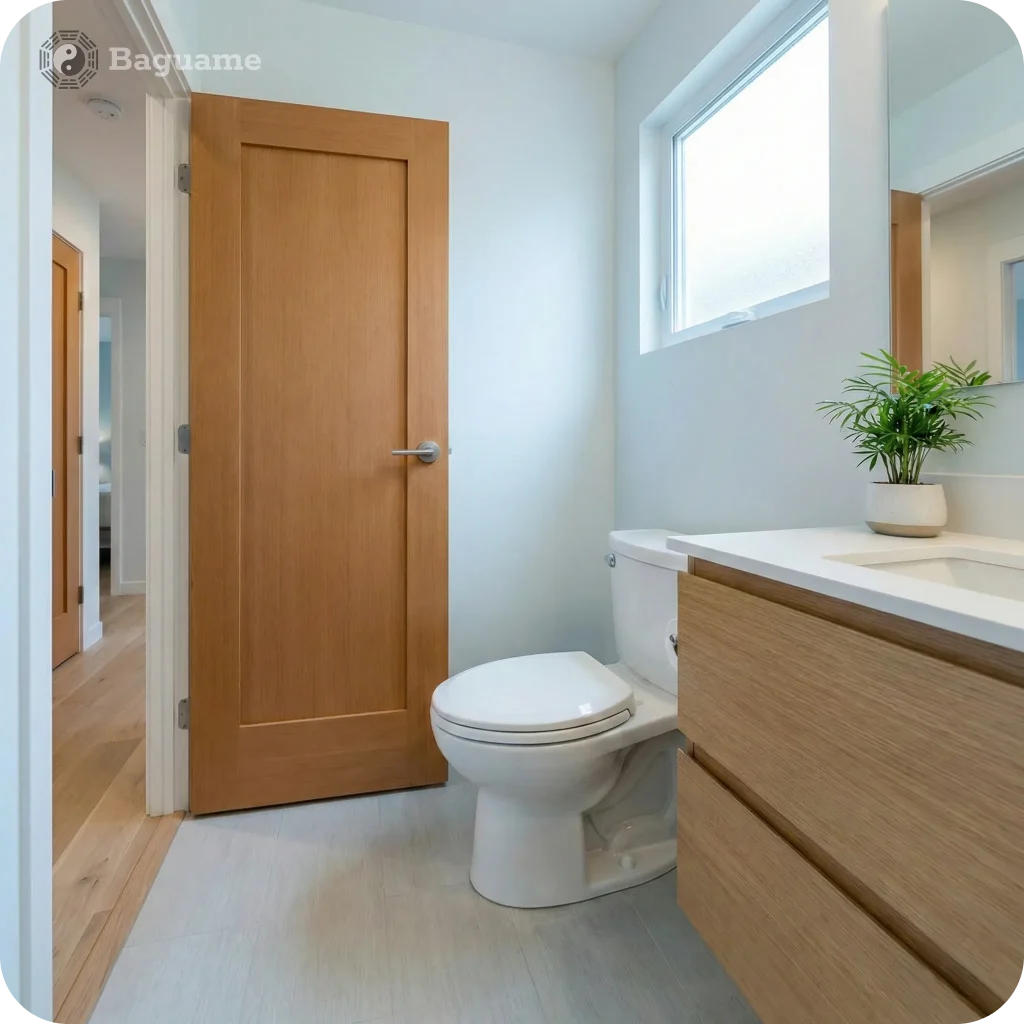 Bright bathroom with light wood door, vanity, white toilet, window, and a green plant, promoting balanced Feng Shui chi.