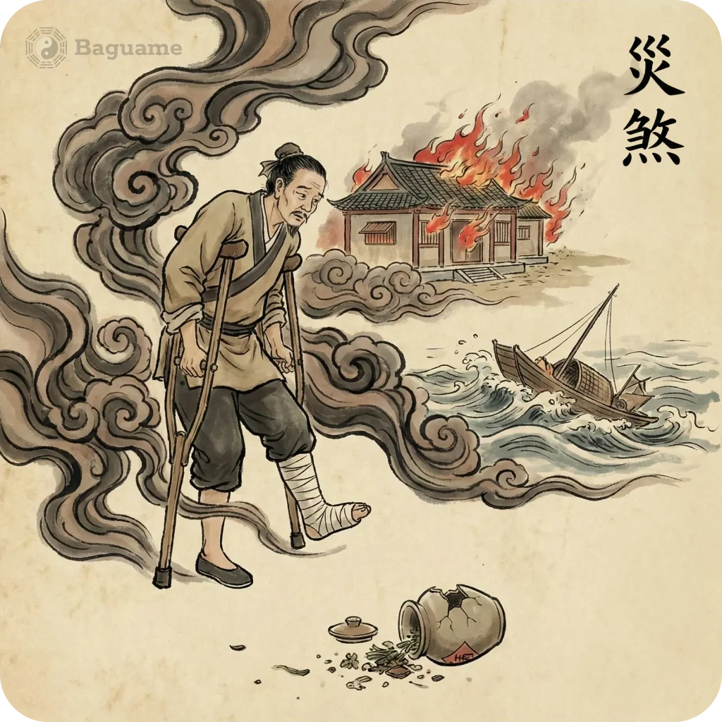 Illustration of San Sha's negative impact: a man on crutches, a burning house, a sinking boat, and a broken pot, surrounded by dark gray smoke.