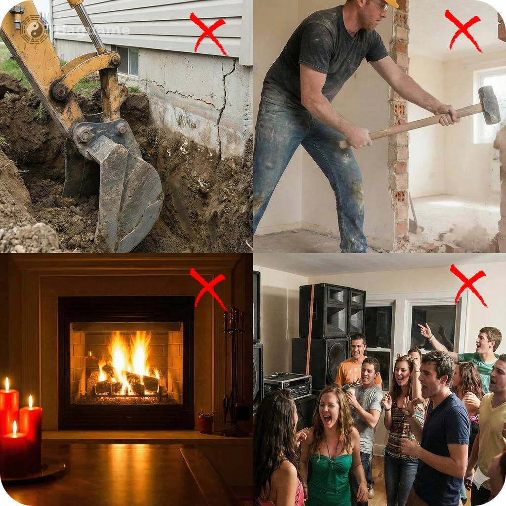 Activities to Avoid for 5 Yellow Malignant Energy Red X over excavation, demolition, fireplace, and loud party, illustrating activities to avoid to prevent activating the 5 Yellow Star's malicious energy.