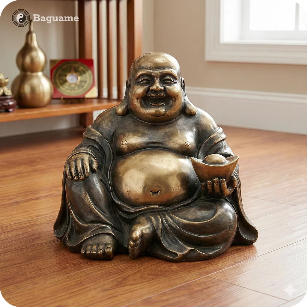Bronze laughing Buddha with gold ingot, brass wu lou gourd, Bronze laughing Buddha with gold ingot, brass wu lou gourd, and Feng Shui luo pan compass, used to cure the 5 Yellow malignant energy.