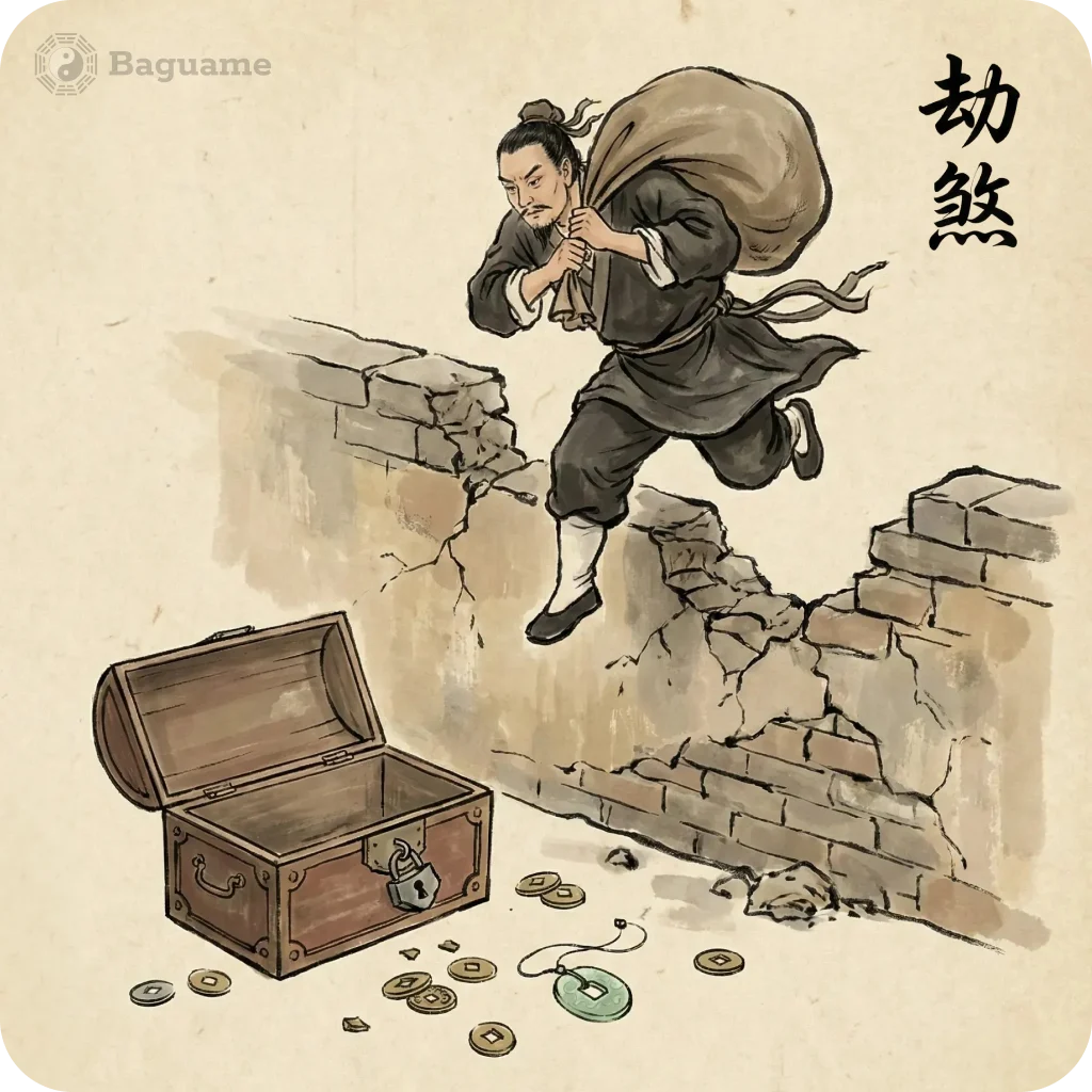 Chinese illustration of a man jumping over a broken wall with a sack, an empty chest, and scattered coins, symbolizing San Sha's financial loss.