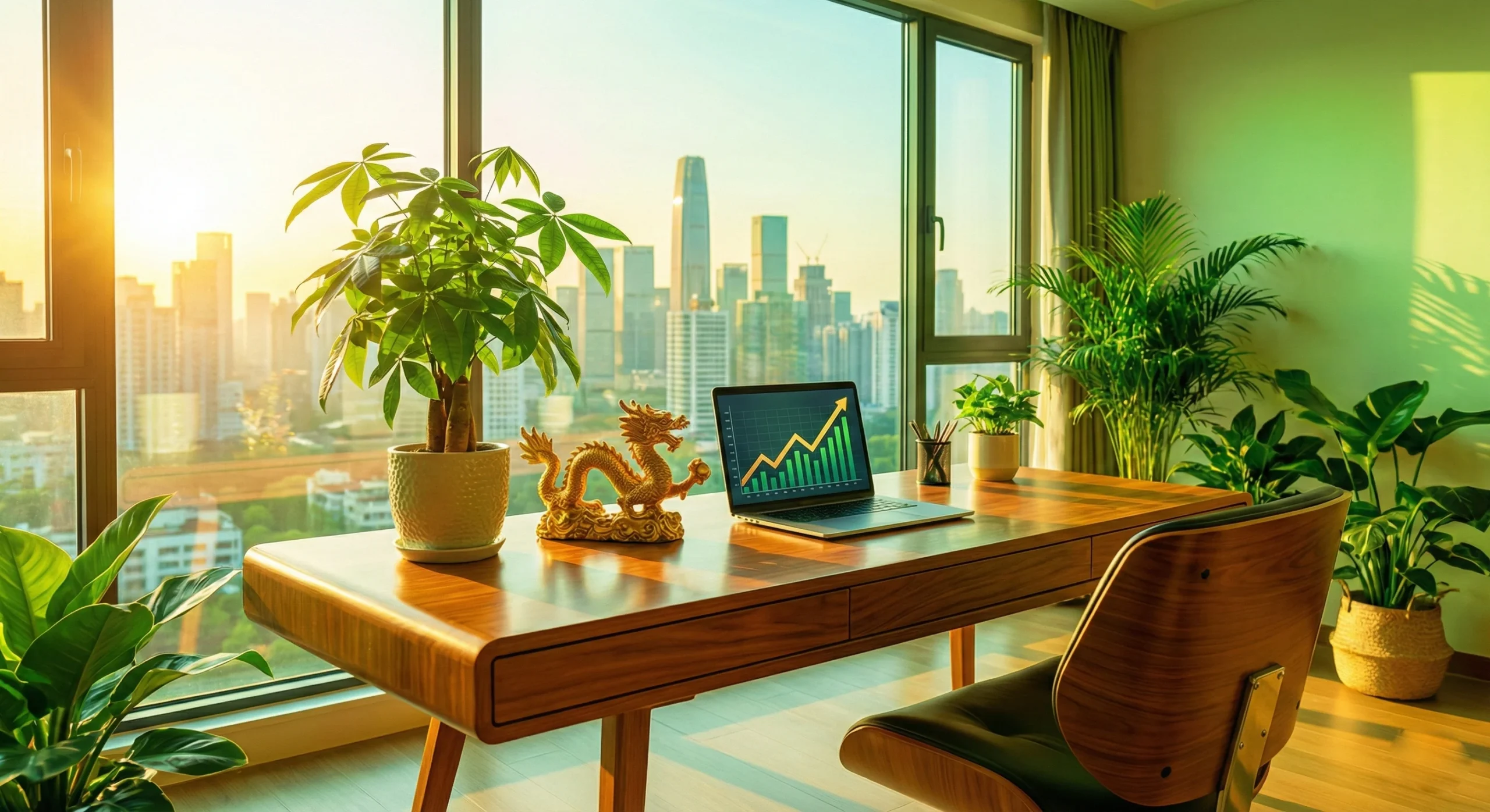 A vibrant Feng Shui home office with a golden dragon, money tree, and laptop displaying financial growth, bathed in warm light.