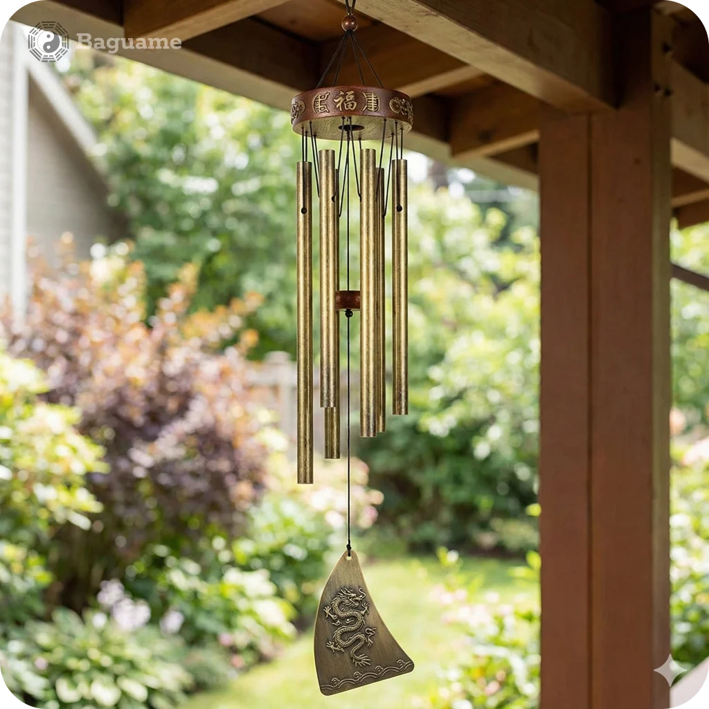 Curing the 5 Yellow Star with a Feng Shui Metal Wind Chime Bronze metal wind chime with a dragon sail, hanging from a wooden porch, a Feng Shui cure for the 5 Yellow Star.