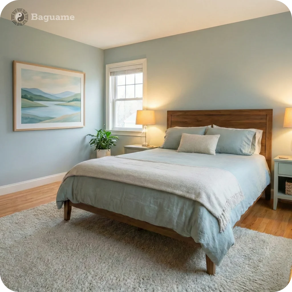 Light blue bedroom with wooden bed, soft bedding, green plant, and landscape art, creating a harmonious Feng Shui space.