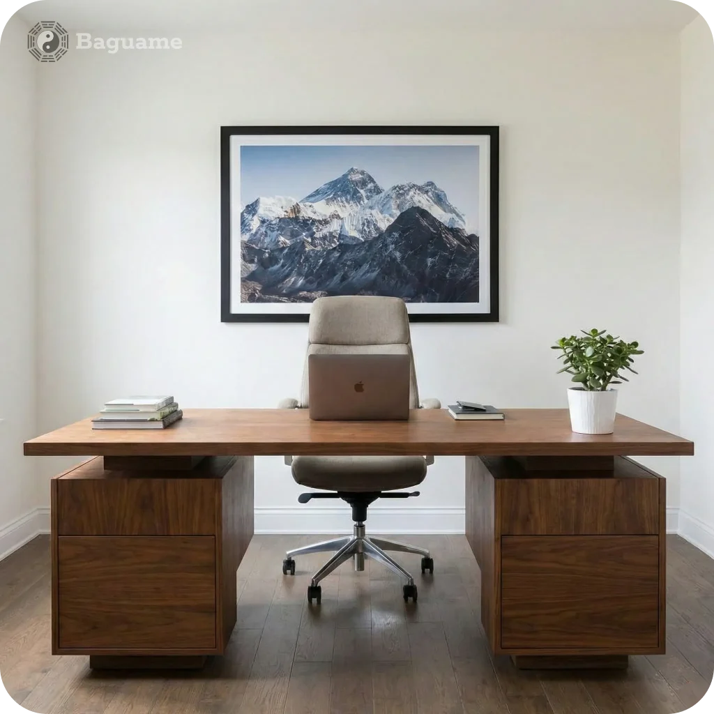 Bright home office with a brown wooden desk, beige chair, green plant, and a large framed mountain image for strong Feng Shui backing and positive qi flow.
