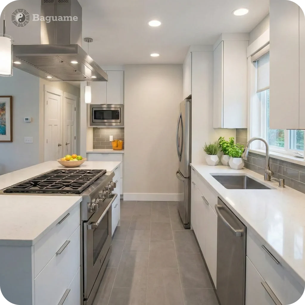 Bright modern kitchen with white cabinets, gray tiles, stainless steel appliances, fresh herbs, and a fruit bowl, showcasing balanced Feng Shui principles.