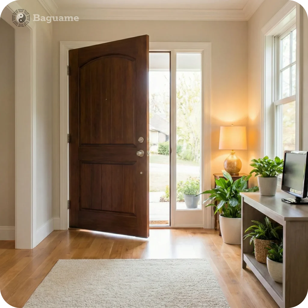 Bright entryway with open dark wood door, light rug, green plants, and warm lamp, symbolizing good chi flow and welcoming energy for a home.