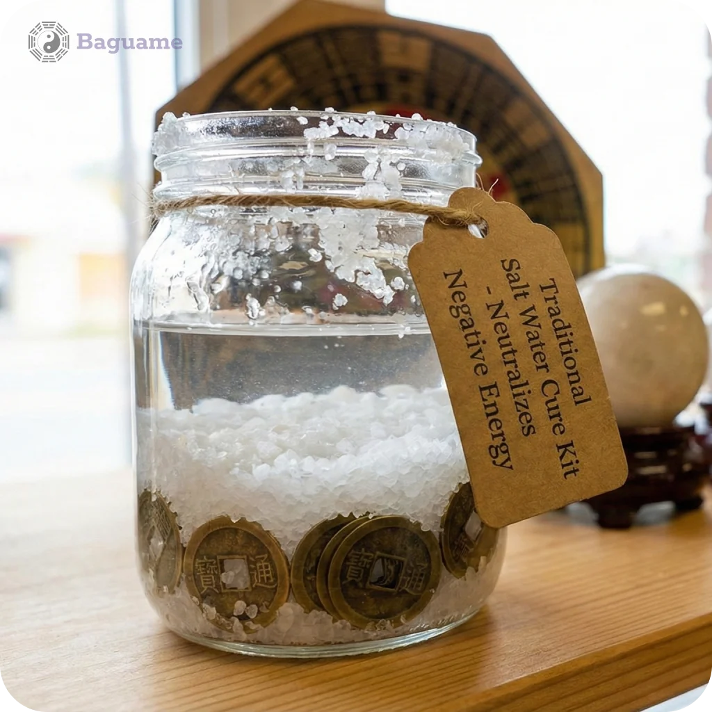 Traditional Salt Water Cure for 5 Yellow Star Energy Traditional Feng Shui salt water cure in a glass jar with white salt, water, and bronze Chinese coins, neutralizing the 5 Yellow.