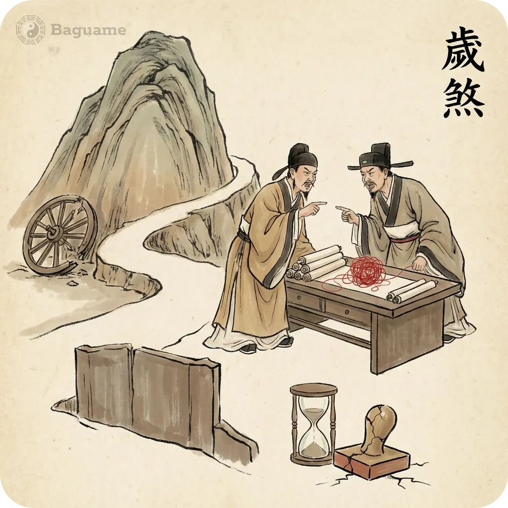 Two ancient Chinese scholars argue over a tangled red string, with broken wheel, wall, hourglass, and seal, symbolizing San Sha's disruptive energy.