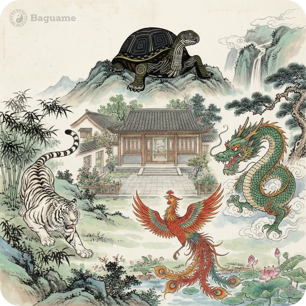 Colorful illustration of a traditional house with a black tortoise mountain, green dragon, white tiger, and red phoenix over a lotus pond, embodying ideal Feng Shui chi.