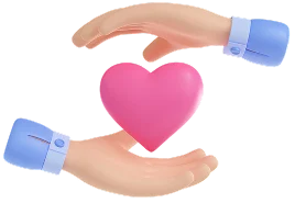 Two light-skinned hands with blue cuffs gently cradle a vibrant pink heart, symbolizing support and care.
