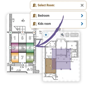 Digital floor plan showing Bagua map overlay with numbered, colored sections, and room selection for Feng Shui analysis.
