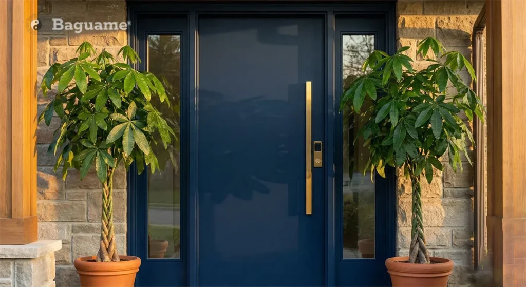 Navy blue front door with gold handle, flanked by two braided money trees in terracotta pots, attracting wealth Qi.