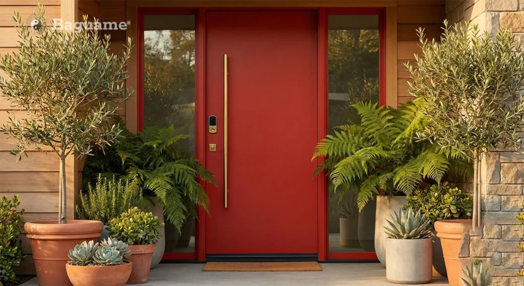 Red front door with gold handle, olive trees, ferns, and succulents in terracotta pots, symbolizing a welcoming Feng Shui entryway.