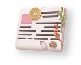 White blog page design with golden Feng Shui compass, bamboo, red Chinese knot, crystal, and money frog