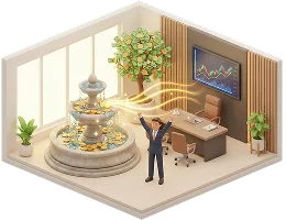 Vibrant office with a multi-tiered water fountain, golden coins, money tree, and a happy person attracting prosperity.