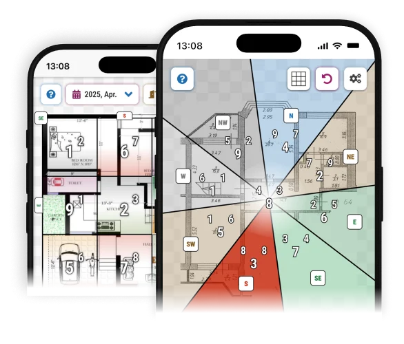 Feng Shui app on smartphones showing colorful Bagua map with compass directions and flying star numbers over a house floor plan, highlighting different zones for energy analysis.