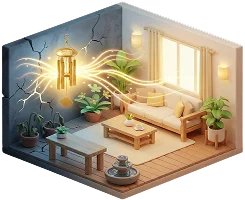 Golden Feng Shui wind chime transforms negative energy into positive chi for a harmonious room with plants.
