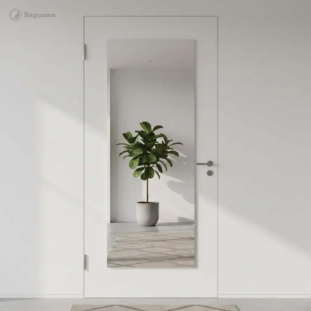 White modern door with integrated mirror reflecting a vibrant green plant and rug, enhancing light and positive chi flow.