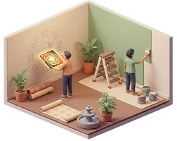 Applying Feng Shui: a Luopan and Bagua on a wall, green paint, plants, and a water fountain for harmony.
