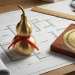Golden Wu Lou amulet with red ribbon on a house blueprint, next to a Feng Shui Luo Pan compass, symbolizing health and longevity.